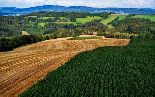 Plowed and green field, meadow, forest, hillside, hill and mountains in Krkonose foothills near Roprachtice, Czech republic.