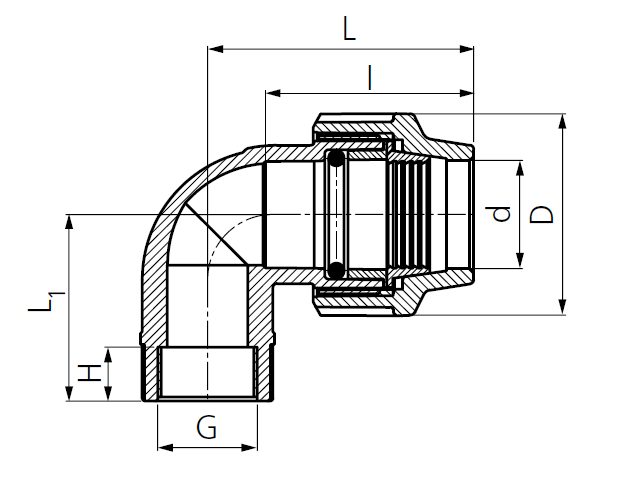 Drawing PE bend 90 with female thread